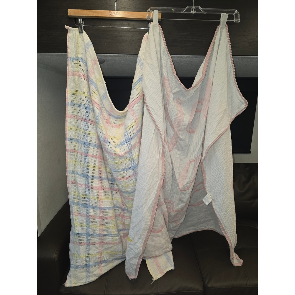 Lot of 2 Vintage Baby Blankets Plaid Waffle Weave You Are Loved Muslin Swaddle